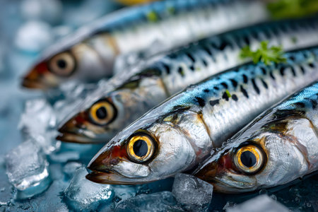 Freshly caught mackerel fish on ice, providing premium seafood for a healthy dietの素材