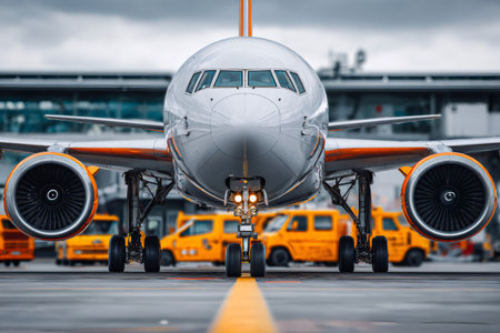 Commercial airliner sitting on airport tarmac with ground support vehicles in backgroundの素材
