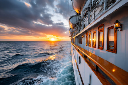 Cruise ship deck cruising on ocean waters with beautiful golden sunset lightの素材