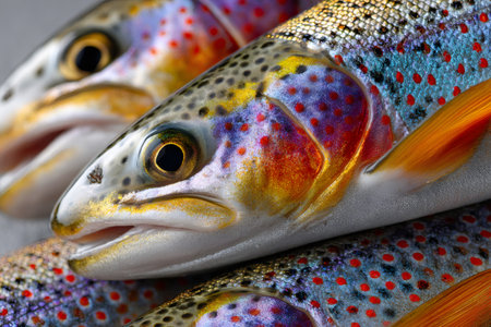 Rainbow trout with colorful scales, red spots, and orange finsの素材