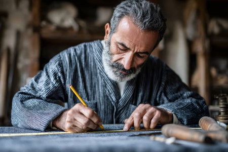 Senior craftsman accurately marking fabric with a pencil and ruler, demonstrating skill and precisionの素材