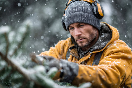 Man wearing earmuffs and a warm jacket working outdoors in the snowの素材