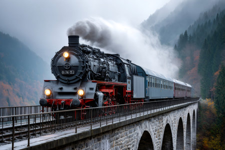Vintage steam locomotive pulling passenger cars over an arched railway bridge with smokeの素材