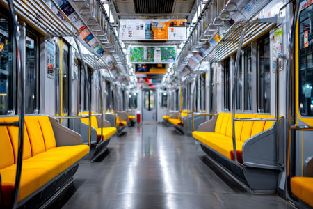 Train carriage showing clean, modern yellow seating and silver handrails in an urban settingの素材