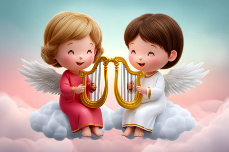 Two cheerful cherubs sitting on soft clouds, playing music togetherの素材