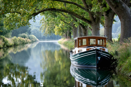 Houseboat moored alongside a tree lined canal for a peaceful momentの素材