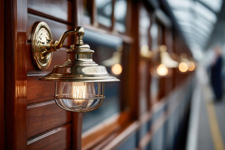 Brass lamp warming the vintage wooden exterior of a luxury train at a stationの素材