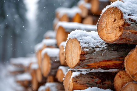 Stacked logs forming a firewood pile in a winter forest settingの素材