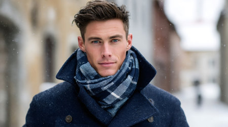 Man wearing a warm coat and scarf looking at the cameraの素材