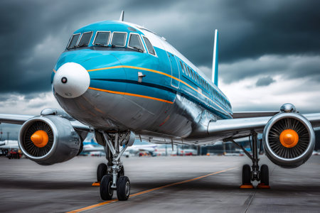 Commercial airplane standing on airport tarmac with dark clouds overheadの素材