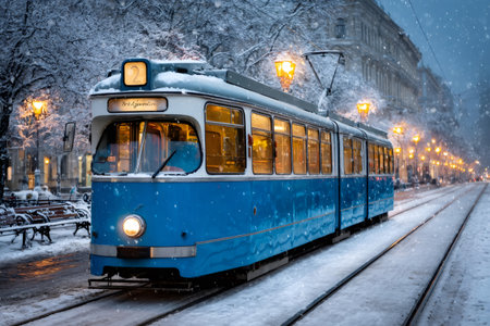 Blue tram moving through a city street during a winter night with falling snowの素材