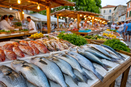 Varieties of fresh fish and seafood displayed on ice at an evening market stallの素材