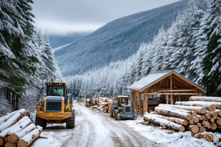 Heavy machinery and stacked logs at a sawmill in a snow covered mountain forestの素材