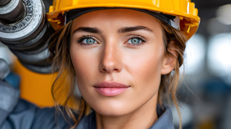 Confident woman working in industrial setting, wearing safety gear and looking directly at cameraの素材