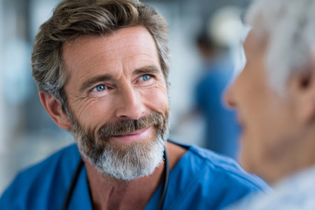 Doctor listening empathetically to a senior patient in a medical settingの素材
