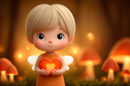 Tiny fairy character presenting a bright, glowing heart in a magical mushroom forestの素材