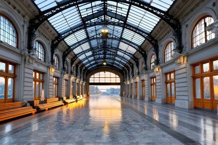 Empty train station platform hall with a glass roof under warm natural lightの素材
