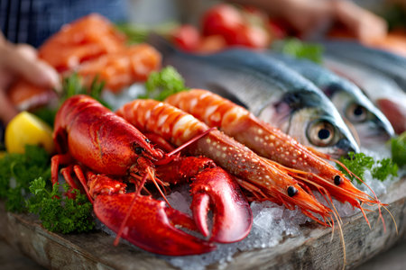 Fresh seafood platter displaying raw lobster, fish, and shrimp on crushed ice with herbsの素材