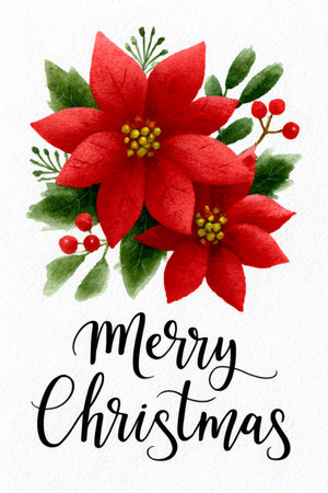 Watercolor poinsettia flowers and winter foliage with hand lettering text for Christmas holidayの素材