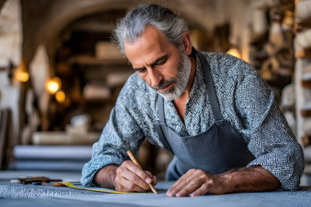 Artisan man drawing and measuring a new design pattern in a traditional workshopの素材