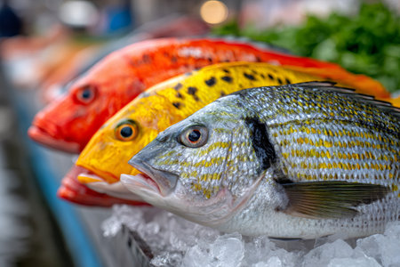 Seafood display showing various fresh fish on a bed of iceの素材