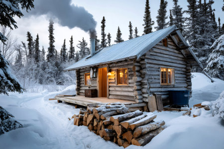Rustic wooden log cabin creating warm smoke on a cold snowy winter dayの素材