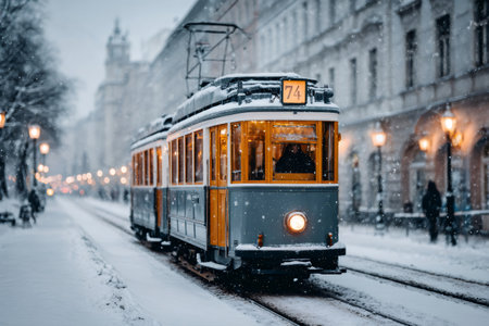 Old streetcar transporting people on a snow covered urban road during heavy snowfallの素材