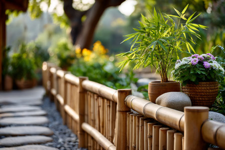Bamboo fence lining a tranquil stepping stone path in a peaceful garden settingの素材