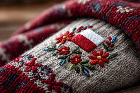 Polish flag and folk flowers embroidered on a knitted woolen textileの素材