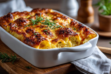 Baked cannelloni filled with ricotta and spinach, topped with golden cheese and fresh rosemaryの素材