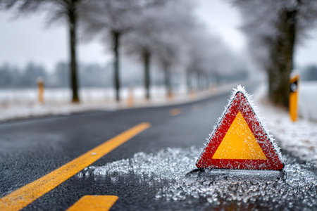 Warning triangle resting on a cold, frozen road during winter, indicating dangerの素材