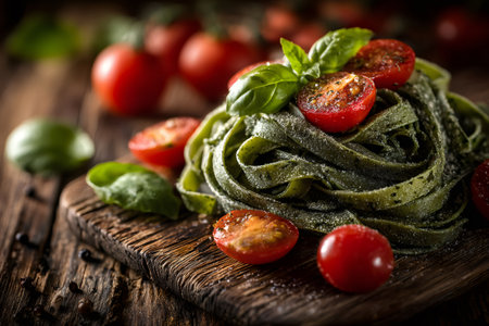 Fresh green pasta served on a wooden board, garnished with ripe tomatoes and herbsの素材