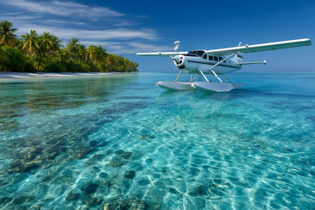 Seaplane floating on crystal clear turquoise water beside an idyllic palm fringed beachの素材
