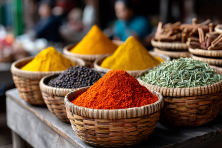 Spices with vibrant colors filling woven baskets displayed at an outdoor market stallの素材