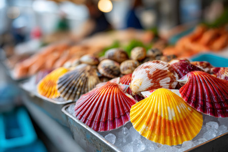 Fresh scallops and various shellfish presented on crushed ice at a bustling seafood marketの素材