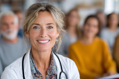 Female doctor in a white coat with stethoscope attending a healthcare conferenceの素材