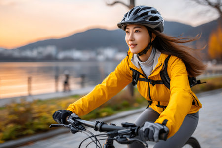 Woman riding a bicycle along a waterfront path, enjoying her active healthy lifestyleの素材