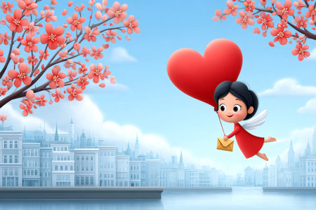 Cute angel flying over city with a red heart balloon, delivering a romantic letterの素材