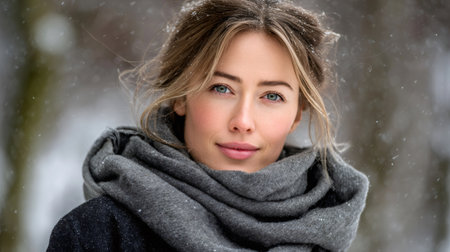 Woman wearing warm scarf, smiling, with snowflakes falling on her hair during winterの素材