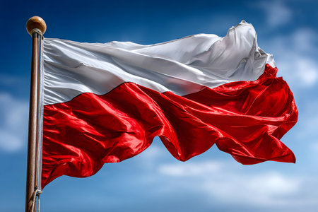 Polish flag proudly waving in the wind, symbolizing national identity and patriotismの素材