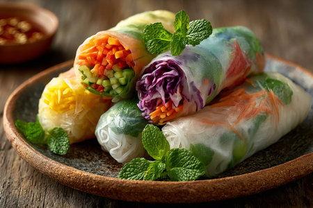 Fresh Vietnamese spring rolls filled with colorful vegetables and rice noodles on a plateの素材
