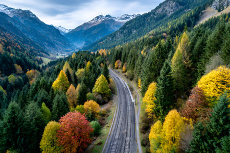 Train tracks traversing a vibrant autumn forest with mountains in a scenic valleyの素材