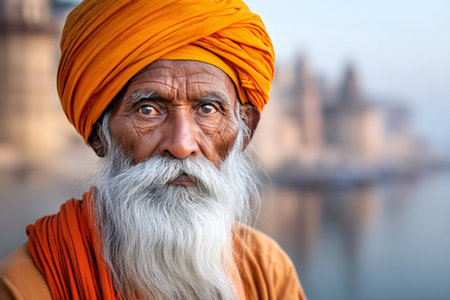 Elderly man with long beard looking at camera along ganges river bankの素材
