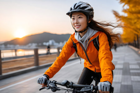 Young woman wearing a helmet and orange jacket enjoying a bike ride at sunsetの素材