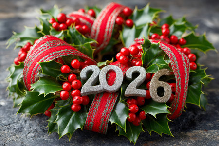 Holly wreath with red berries, ribbons, and glitter numbers 2026 heralding the new yearの素材