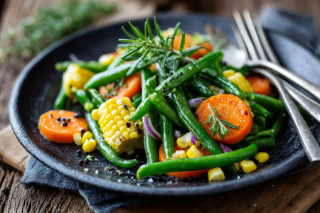 Colorful vegetable salad including green beans, corn, carrots, and red onions with rosemaryの素材