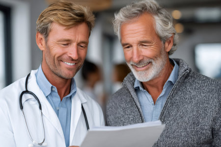 Doctor and senior patient smiling while reviewing medical documents togetherの素材