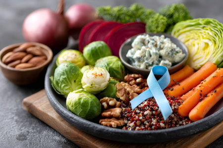 Plate of fresh vegetables, nuts, and quinoa supporting prostate cancer awarenessの素材