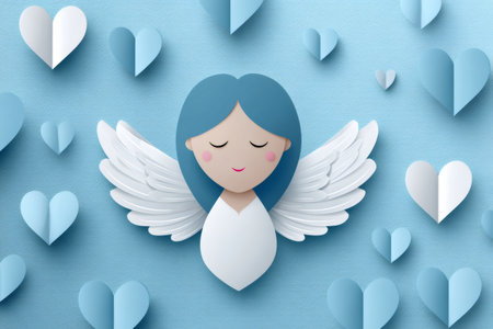 Paper angel with blue hair and white wings surrounded by folded heartsの素材