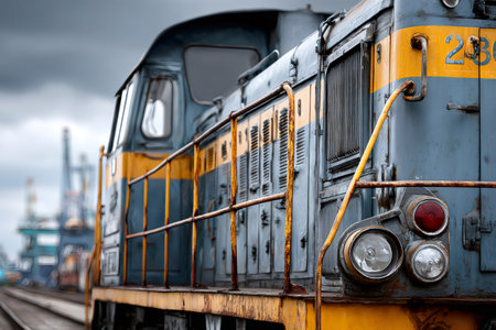 Old weathered locomotive parked on tracks with container cranes in the backgroundの素材